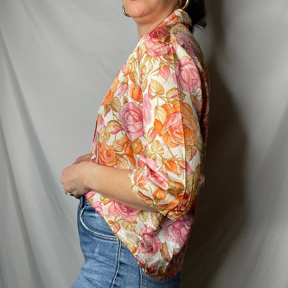 Vintage 70s pink roses print floral 1/2 sleeve‎ blouse button-down top rose L - Picture 14 of 17